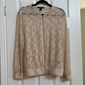 Cream Lace Oversized Bomber Jacket Zip-Up Front Sz M